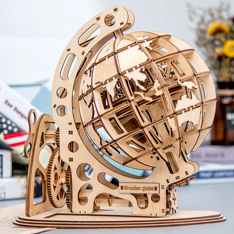 Adults DIY Assembled Wood Crafts Mechanical Gears Globe Model Kit 3D Wooden Jigsaw Puzzle Educational Toys for Children