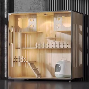 Villa pour chat <span class=keywords><strong>en</strong></span> bois de style luxueux avec paroi vitrée latérale, cage intérieure pour animaux de compagnie, villa respirante et écologique pour le bien-être des chats - Product Image 4