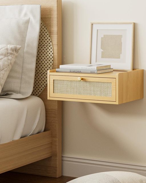 Fondlive Small Floating Modern Wooden Nightstand with Drawer Multi-purpose Bedside Table for Home or Hotel