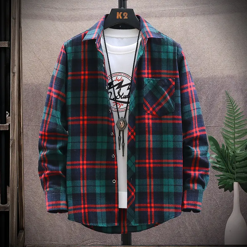Erkek artı boyutu bahar kış sıcak pazen m-2xl 6XL dokuma streetwear uzun kollu erkek fırçalanmış ekose üzerinde gömlek gömlek rahat