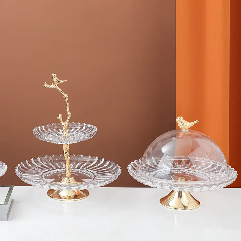 Haupt dekoration im europäischen Stil Luxus Gold Glas und Metall 2 Ebenen Kuchen Wüste Obst teller Serviert abletts