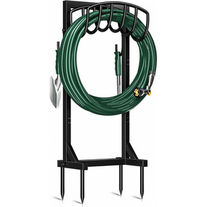 <b>Garden</b> hose bracket with 4 ground pegs and 2 tool <b>hooks</b>. Detachable freestanding metal hose organizer. - Product Image 1