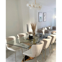 Conception transparente Restaurant Table rectangulaire dessus en verre transparent en acier inoxydable or Table jambe Tables à manger Support Muti Seater