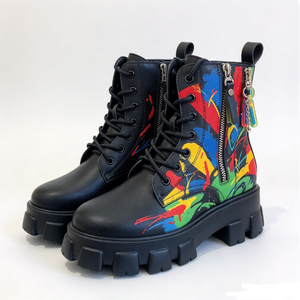 Bottes mi-mollet pour femmes, imprimé peinture colorée, fermeture éclair latérale, lacets, plateforme épaisse - Product Image 2