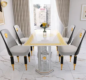 白色餐桌套装6把椅子新款奢华金色派对婚礼金属钢不锈钢餐厅现代家具餐桌套装