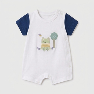 Barboteuse Bébé Brodé Grenouille Mignonne Manches Courtes Blanche avec Accents Bleu Marine en Coton Doux Fermeture à Boutons-Pression Vêtement d'Été pour Nourrisson - Product Image 1
