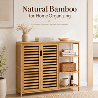 Étagère de rangement en bambou, 4 niveaux, grande capacité, avec portes doubles à persiennes, pour salon