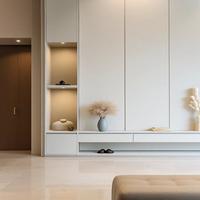 Meuble de rangement pour chaussures sur mesure, entièrement intégré, avec éclairage LED, couleur unifiée pour toute la maison, idéal pour les maisons neuves.