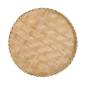 Decorative Serving Tray Handmade Bamboo Woven Basket Tray 13 Inch Flat Wicker Round Fruit Basket Woven Food Storage Shallow Tray