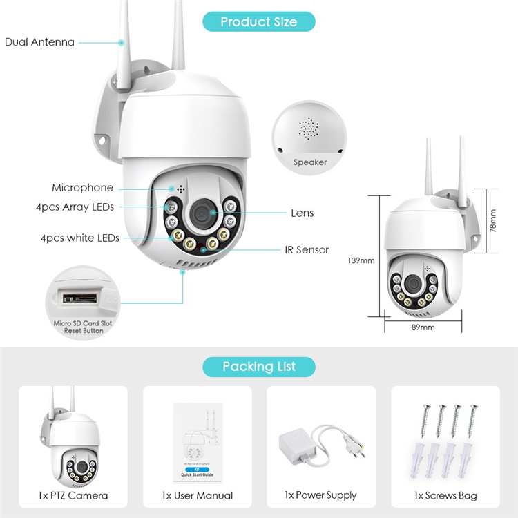 Full Color HD1080P 2MP/3MP/4MP/5MP/8MP Night Vision Two Way Audio Icsee Outdoor Waterproof Wifi CCTV Security PTZ Dome IP Camera