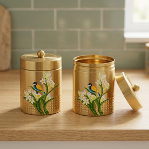 Oriental Style <b>Metal</b> Spice Container With Lid Painted Floral Design Round Shape Food <b>Storage</b> <b>Box</b> - Product Image 5