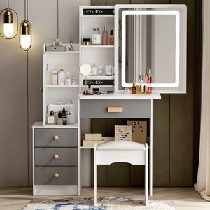 <strong>Small</strong> <strong>Vanity</strong> <strong>Table</strong> Makeup <strong>Vanity</strong> Dressing <strong>Table</strong> with Mirror 4 Drawers &amp; Shelves Dressing Desk and Cushioned Stool Set - Product Image 1