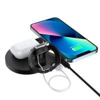 Station de charge sans fil de bureau 15W pour téléphone et écouteurs avec support de chargeur de montre vertical, sortie USB et lumière ambiante LED