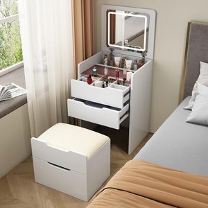 Tocador de maquillaje compacto moderno de 3 cajones con espejo con luz LED, taburete de tocador con tapa abatible para dormitorio - Product Image 2