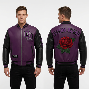 Chaqueta Varsity Morada de PU para Hombre, Marca Personalizada, con Logotipo de Rosa Bordado, Cierre de Cremallera, Estilo Casual para Otoño - Product Image 1