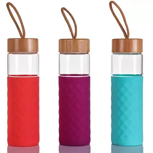 Reusable Drinking Container Glass Water Bottles with Protective Silicone Sleeve Bamboo Leak Proof Lid