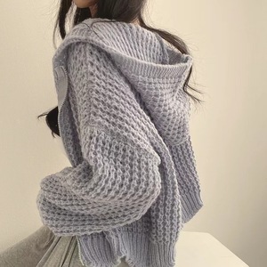 Liu Ming ucuz toptan yeni ürün kore Chic Casual kadın gevşek örme fermuar fener uzun kollu kapüşonlu ceket kazak - Product Image 6