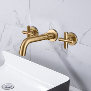 Grifo Mezclador de Lavabo Empotrado Moderno de Latón con Válvula Cerámica, Función Dosificadora, Tres Orificios, Doble Manija, Acabado Oro Cepillado - Product Image 4