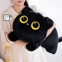 Coussin long en peluche chat noir et gris avec logo personnalisé, jouet en peluche chaton aux grands yeux, poupée animale en peluche, coussin de lit et de canapé, cadeau