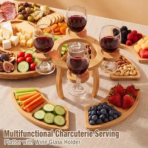 <span class=keywords><strong>Plateau</strong></span> de service rotatif en bambou pour charcuterie avec porte-verres à vin, 2 niveaux, 2-en-1, assiettes à apéritifs et snacks pour fêtes et camping - Product Image 2