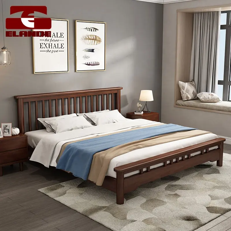 Set furnitur kamar tidur ganda, tempat tidur kayu padat Nordic ukuran king bingkai kayu solid Hotel tempat tidur sederhana
