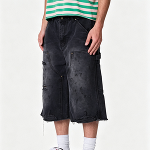 <b>Men</b> Distressed <b>Black</b> Denim Capri <b>Shorts</b> Raw Hem Ripped Cargo Jorts Multi Pocket Streetwear Loose Fit Denim Cropped Pants Custom - Product Image 2