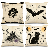 Lot de 4 housses de coussin en lin pour Halloween, motif chat noir, chauve-souris et château, pour canapé et décoration de fête, personnalisation disponible