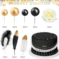 30-teiliges Schwarz-Gold-Weiß Tortendeko-Set mit Federn, Perlen, Kugeln und Rosen für Geburtstag und Hochzeit