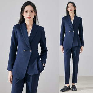 Women's Suit Set Elegant Navy Blue Wool Blend Anti-Wrinkle Professional Office Wear - Product Image 1