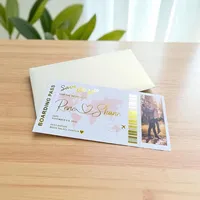 Carte d'embarquement brillante dorée Save the Date Invitation de mariage Destination Voyage de mariage Billet d'avion de mariage