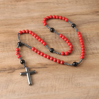 8mm Rouge Turquoise Perlé Catholique Chapelet Croix Collier pour Hommes Femmes Bijoux Christ Méditation Bijoux Croix Pendentif