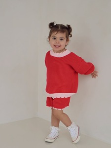 Ensemble personnalisé haut festonné et short en tricot, combinaison-pull en maille pour bébés filles, pantalon en coton rouge, ensemble pull-over - Product Image 5