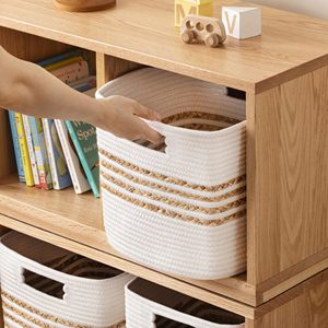 Paniers de rangement en jacinthe d'eau pour étagères, jouets, paniers de rangement avec poignées, paniers tissés en corde de coton pour l'organisation, blanc - Product Image 3