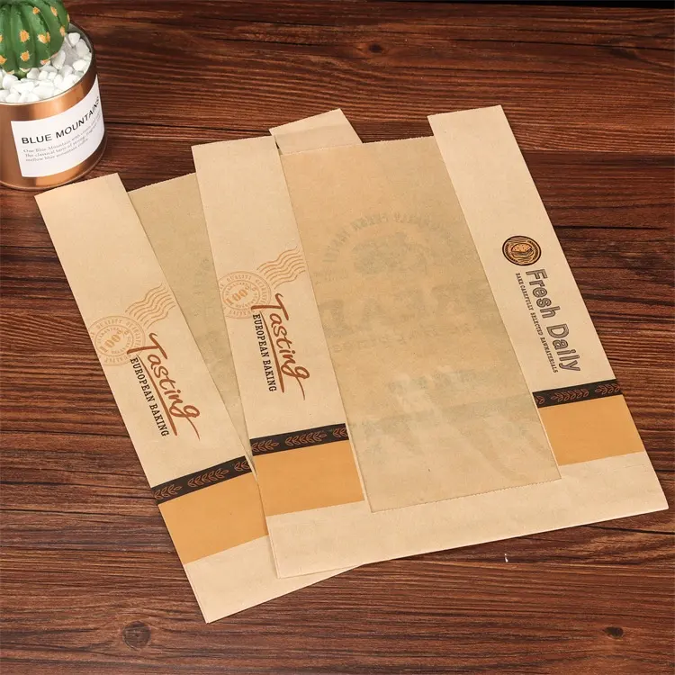 Custom printed logo brown white baguette kraft paper french Bakery bread bags long loaf bread bag with window