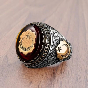 Anelli da Uomo ZhuQian all'Ingrosso con Stella e Luna Islamica, Zirconia Rossa, Argento Anticato, Pavé Nero, Gioielli Classici Ottomani Turchi - Product Image 5
