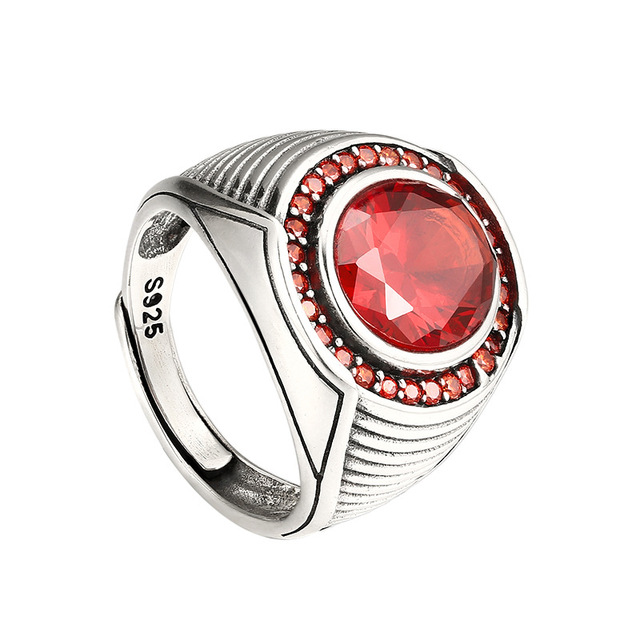 S925 Sterling Silver Rings for Men Retro Horizontal Stripes Pattern Inlaid Ruby Fashion Punk Vintage Jewelry Wholesale