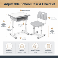 Table et chaise d'étude 2 en 1 pour enfants, hauteur réglable, pieds télescopiques, design ergonomique pour la maison, l'école, le centre de formation, la maternelle