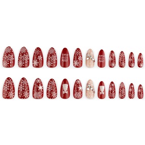 24 Uñas Postizas de Lujo Color Borgoña para Navidad, con Diseño 3D de Copos de Nieve y Cadena, Forma de Almendra, para Venta al Por Mayor - Product Image 4