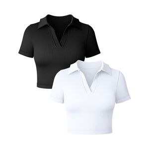 T-shirt <span class=keywords><strong>donna</strong></span> <span class=keywords><strong>donna</strong></span> con scollo a V corto in maglia con logo personalizzato tinta unita <span class=keywords><strong>produttori</strong></span> di <span class=keywords><strong>abbigliamento</strong></span> <span class=keywords><strong>donna</strong></span> Y2k