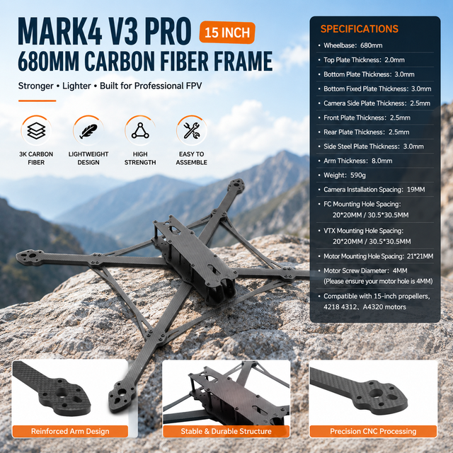 Mark4 V3 Pro Drone Frame 15-inch 680mm FPV Kit with 8m Arms Carbon Fiber Foldable Film Racing FPV Accessories