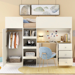 White High Loft Bed With Desk Wardrobe <b>Storage</b> <b>Kids</b> Bedroom Furniture Set - Product Image 1
