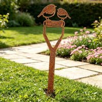 Ornement de jardin en métal rouillé, Robin et Moineau rustiques sur une pelle, pour la décoration de pelouse, patio et jardin extérieur