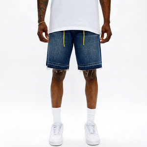 Shorts en jean pour homme, taille mi-haute, effet usé, bords bruts, style décontracté d'été, bleu - Product Image 1
