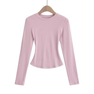 T-shirt côtelé à manches longues et col rond pour femme, couleur unie, tendance - Product Image 5