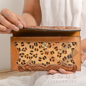 High Quality Women's Genuine Leather Purse Wallet Fashionable <b>Long</b> Design Clutch <b>Bag</b> with Open Closure and Decorative Feathers - Product Image 1