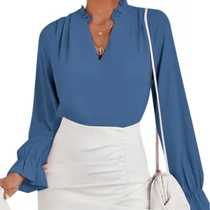 Dusty Blue Fashion Clothes New Arrivals Women's Ruffle V Neck Solid Long Sleeve Chiffon Blouse Shirt Top
