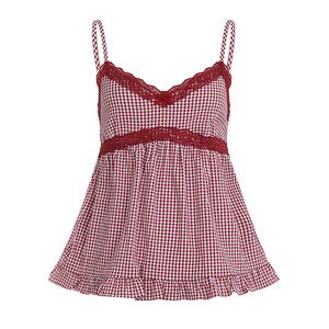 Wholesale Women Y2K Red Plaid Lace <b>Patchwork</b> A-Line Camisole Sweet Style Ladies Tank <b>Top</b> - Product Image 6