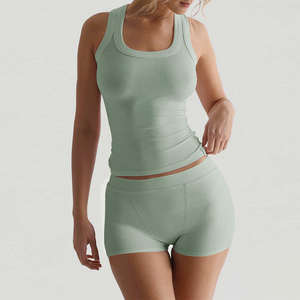 Abbigliamento Estivo per Donne, Etichetta Personalizzata, Abbigliamento Casual di Base, Top a Costine in <span class=keywords><strong>Cotone</strong></span> e Pantaloncini, Set Due Pezzi Loungewear per Donne - Product Image 2