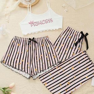 Pijama <span class=keywords><strong>de</strong></span> Tres Piezas para Mujer Estilo Europeo y Americano con Pantalones con <span class=keywords><strong>Tirantes</strong></span> Estampados Ropa <span class=keywords><strong>de</strong></span> Casa Casual - Product Image 4