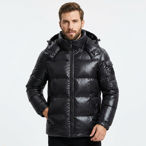 Men's Black Eco-friendly Puffer <b>Jacket</b> Cotton Filled Windproof Zipper Closure Casual <b>Winter</b> Wear Solid Color Regular Fit Front - Product Image 1
